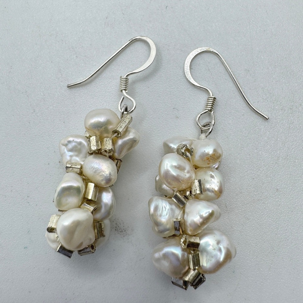 White Freshwater Pearl Cluster Drop Earrings Silver Tone Fishhook Dangle